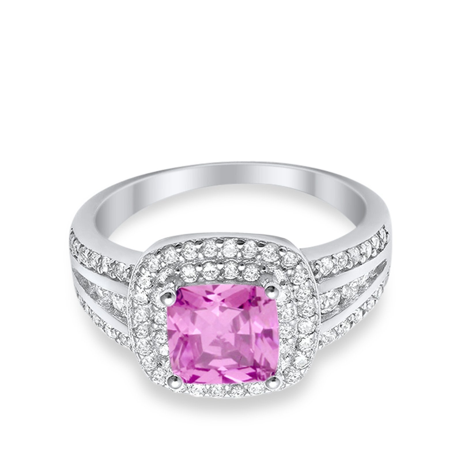 Halo Wedding Ring Princess Simulated Pink CZ 925 Sterling Silver