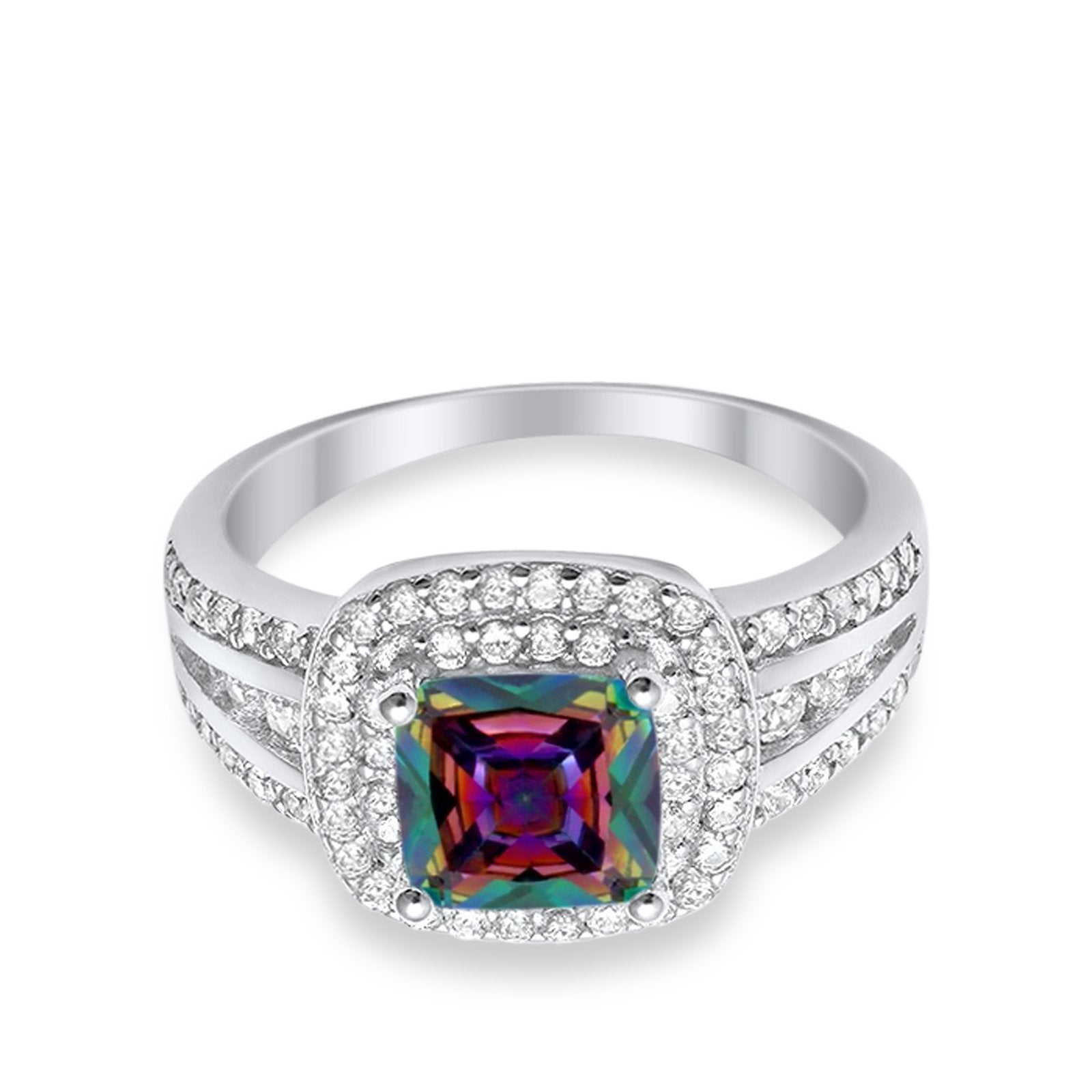 Halo Wedding Ring Princess Simulated Rainbow CZ 925 Sterling Silver