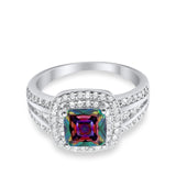 Halo Wedding Ring Princess Simulated Rainbow CZ 925 Sterling Silver
