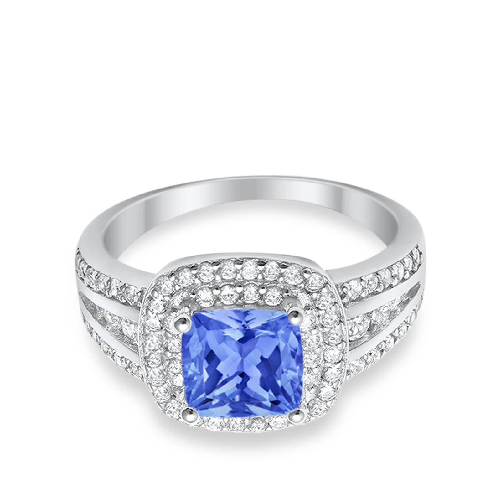 Halo Wedding Ring Princess Simulated Tanzanite CZ 925 Sterling Silver