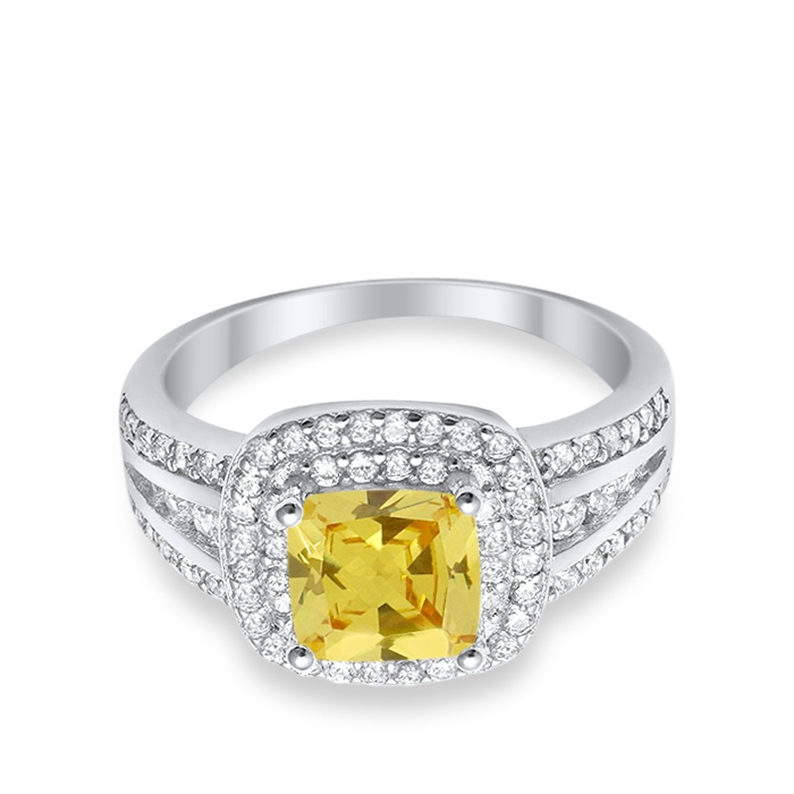 Halo Wedding Ring Princess Simulated Yellow CZ 925 Sterling Silver