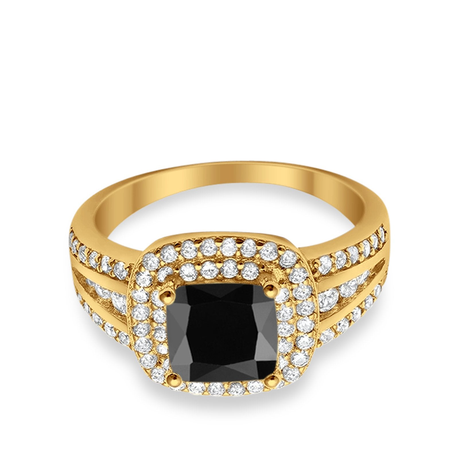 Halo Wedding Ring Princess Yellow Tone, Simulated Black CZ 925 Sterling Silver