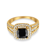Halo Wedding Ring Princess Yellow Tone, Simulated Black CZ 925 Sterling Silver
