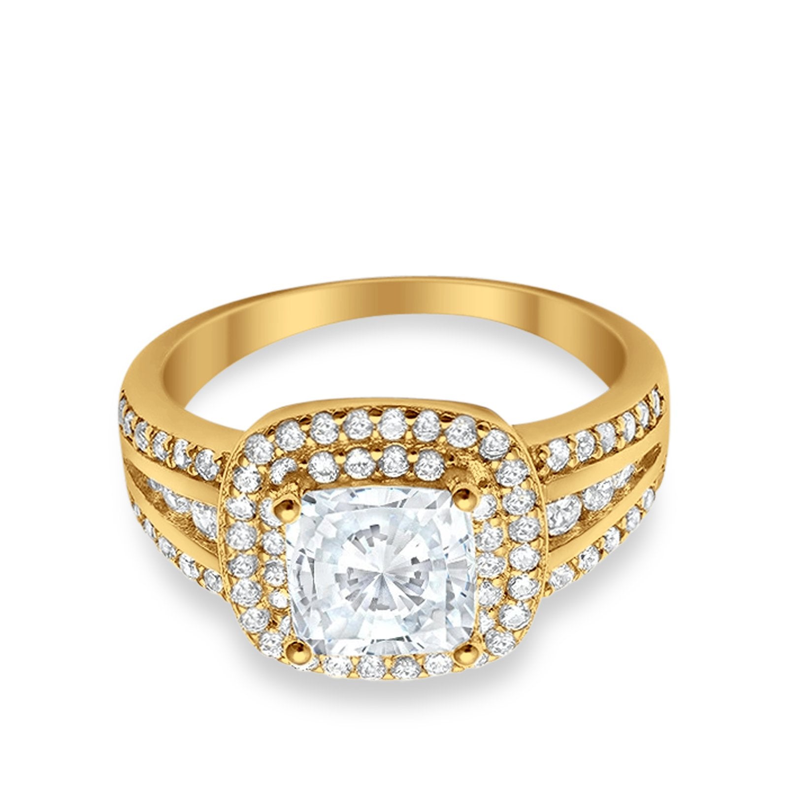 Halo Wedding Ring Princess Yellow Tone, Simulated Cubic Zirconia 925 Sterling Silver