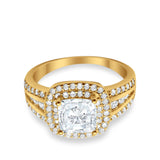 Halo Wedding Ring Princess Yellow Tone, Simulated Cubic Zirconia 925 Sterling Silver