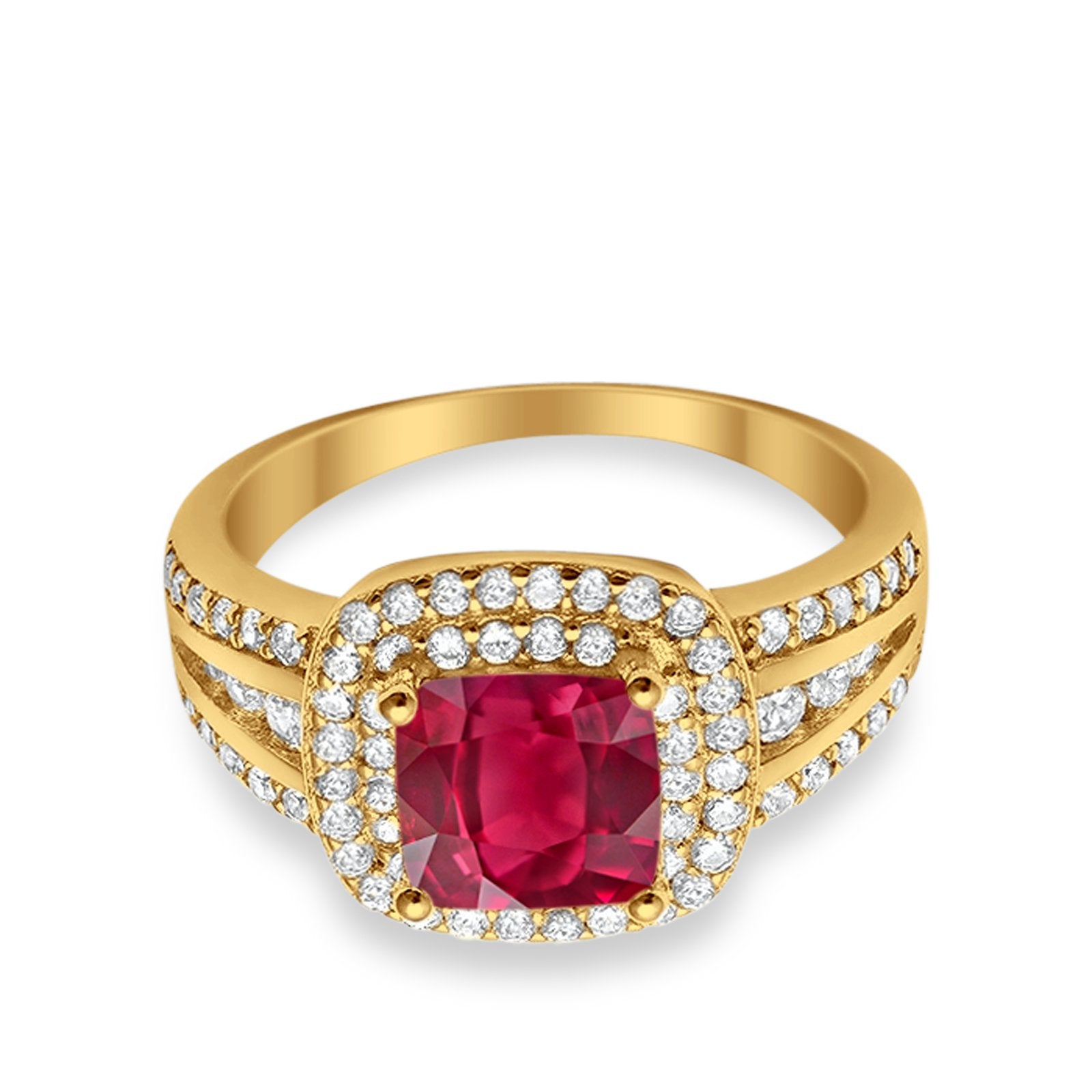 Halo Art Deco Wedding Ring Yellow Tone, Simulated Ruby CZ 925 Sterling Silver