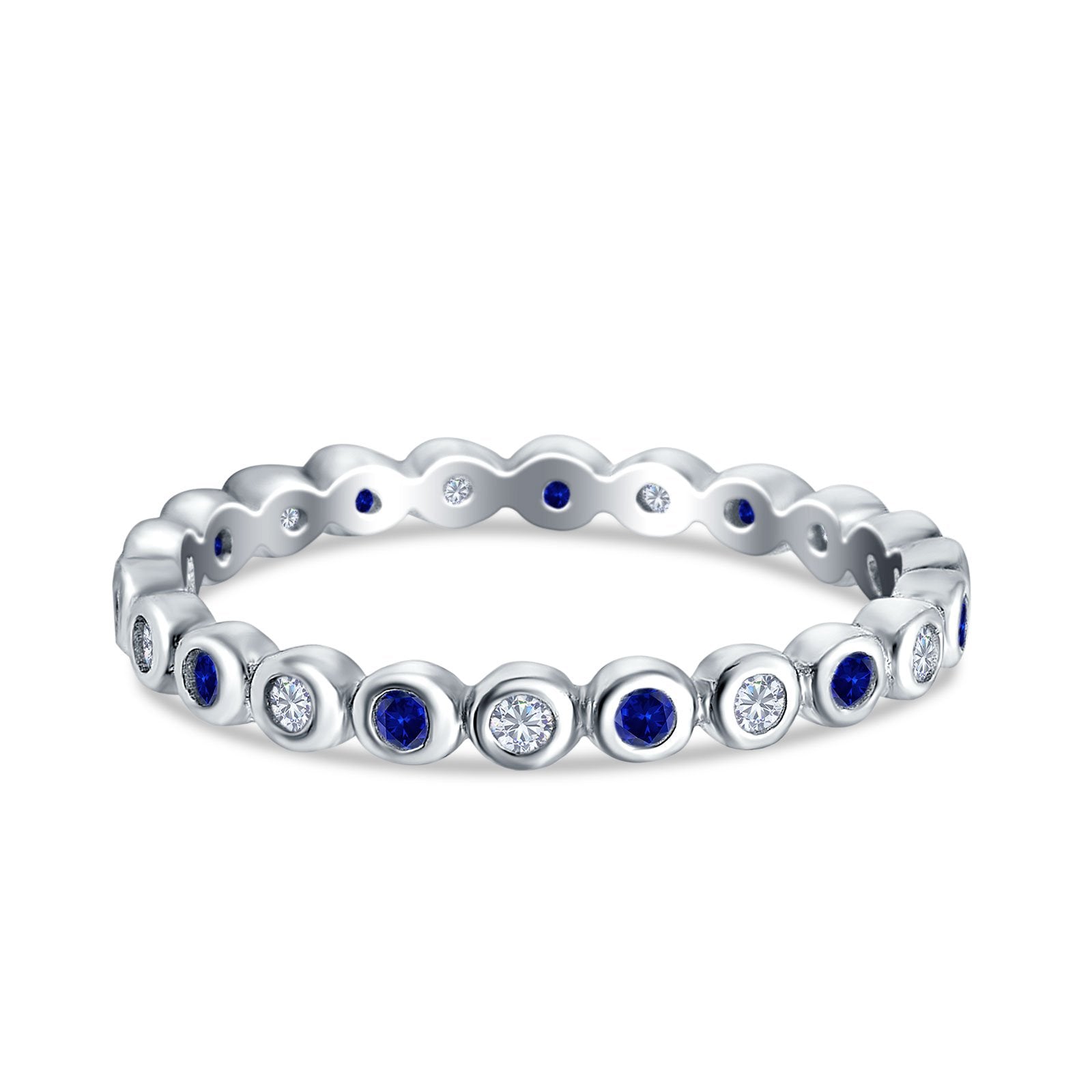 Full Eternity 2.5mm Wedding Stackable Band Ring Round Simulated Blue Sapphire Cubic Zirconia 925 Sterling Silver