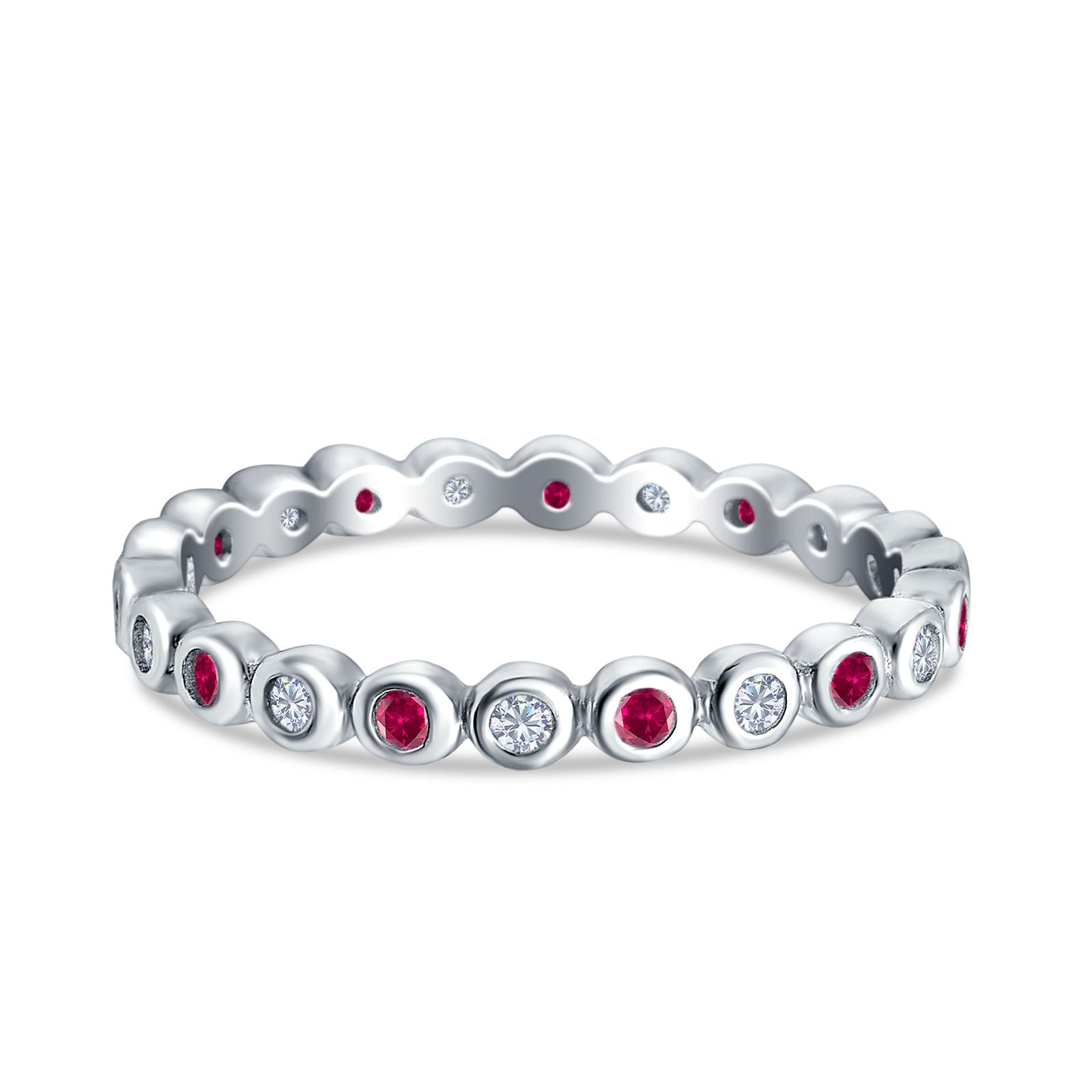 Full Eternity 2.5mm Wedding Stackable Band Ring Round Simulated Ruby CZ 925 Sterling Silver