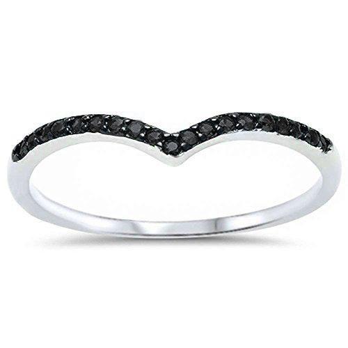 Chevron Midi V-Shape Simulated Black CZ Wedding Ring 925 Sterling Silver