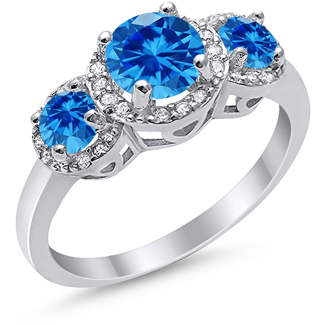 Three Stone Simulated Blue Topaz CZ Wedding Ring 925 Sterling Silver