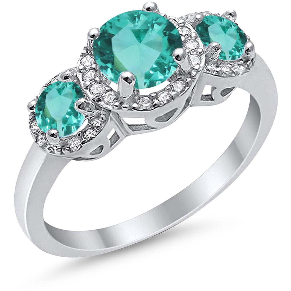 Three Stone Simulated Paraiba Tourmaline CZ Wedding Ring 925 Sterling Silver