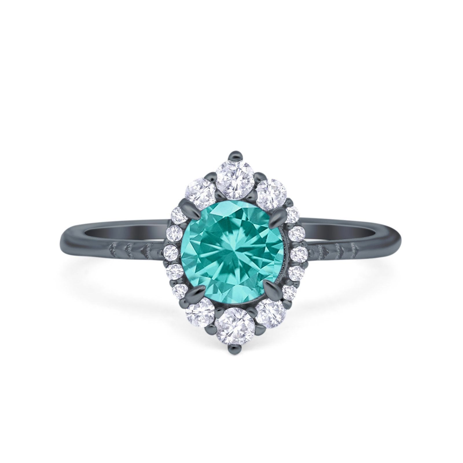 Halo Engagement Ring Vintage Round Black Tone, Simulated Paraiba Tourmaline CZ 925 Sterling Silver