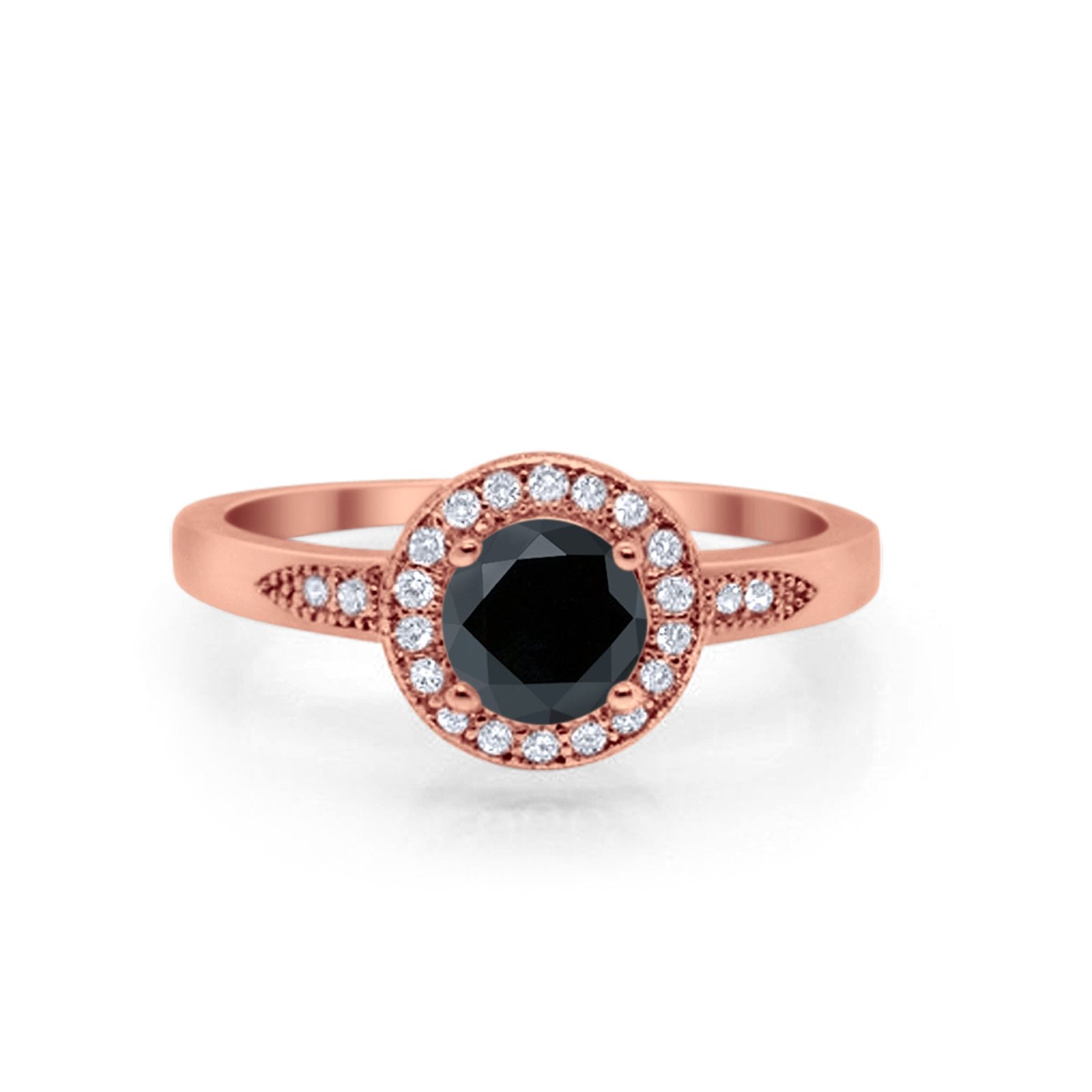 Halo Art Deco Engagement Ring Round Rose Tone, Simulated Black CZ 925 Sterling Silver