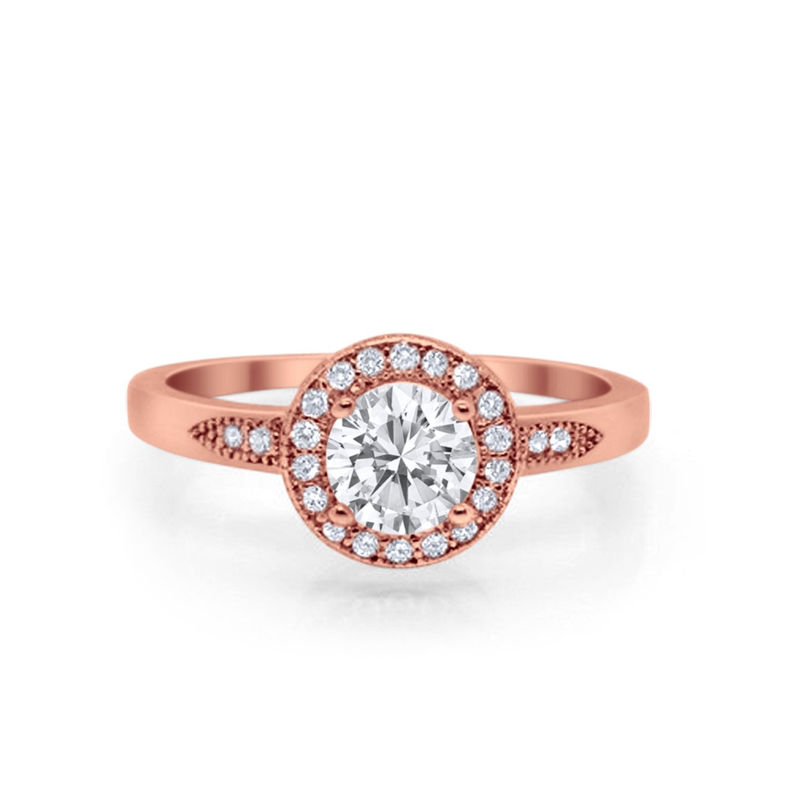 Halo Art Deco Engagement Ring Round Rose Tone, Simulated Cubic Zirconia 925 Sterling Silver