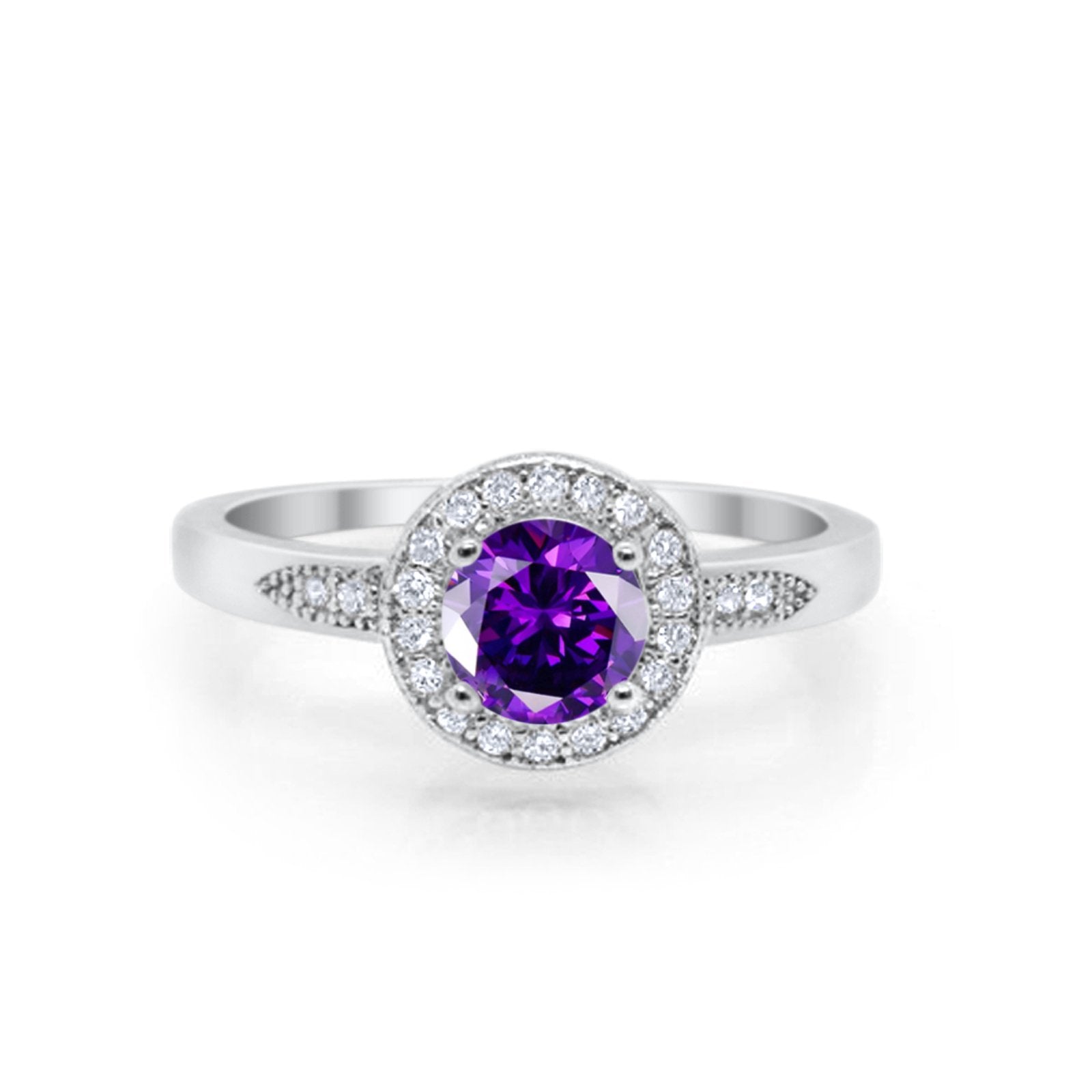 Halo Art Deco Engagement Ring Round Simulated Amethyst CZ 925 Sterling Silver