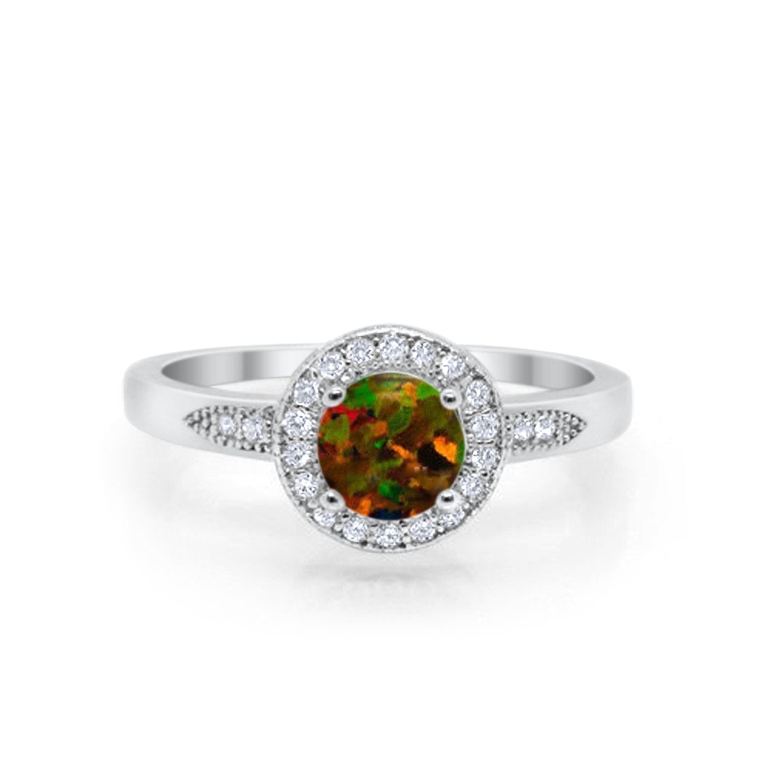 Halo Art Deco Engagement Ring Round Lab Created Black Opal 925 Sterling Silver