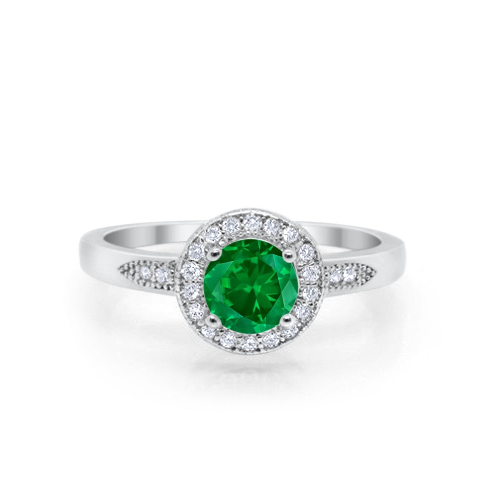 Halo Art Deco Engagement Ring Round Simulated Green Emerald CZ 925 Sterling Silver
