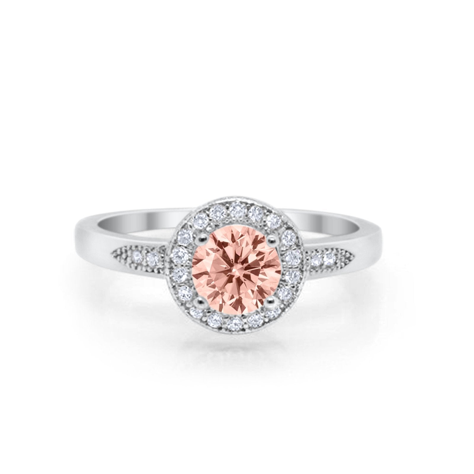 Halo Art Deco Engagement Ring Round Simulated Morganite CZ 925 Sterling Silver
