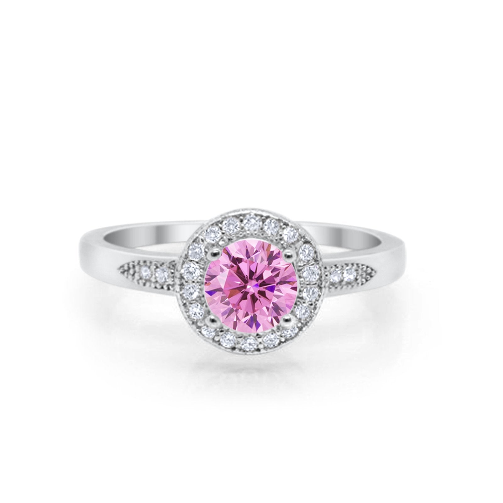 Halo Art Deco Engagement Ring Round Simulated Pink CZ 925 Sterling Silver