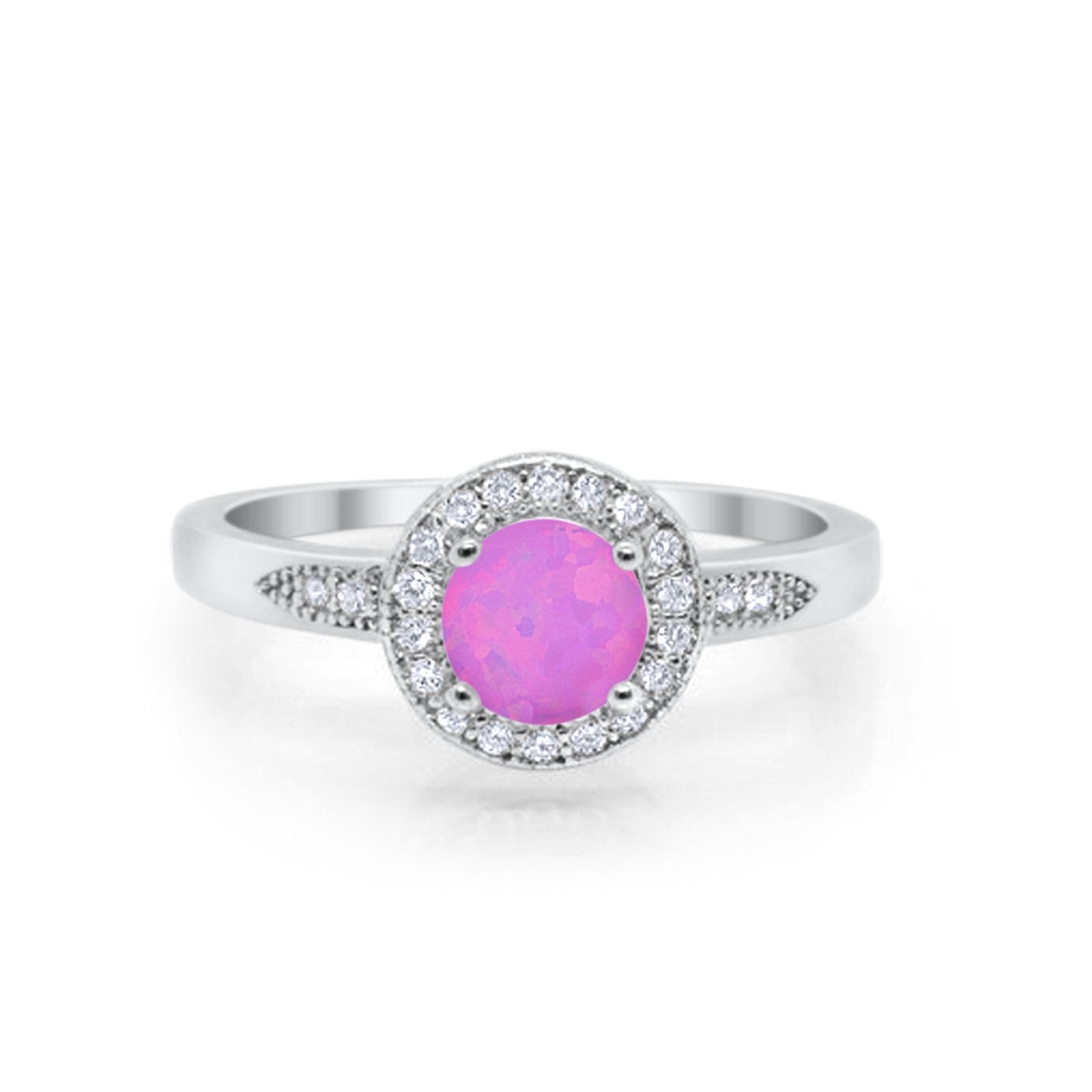 Halo Art Deco Engagement Ring Round Lab Created Pink Opal 925 Sterling Silver