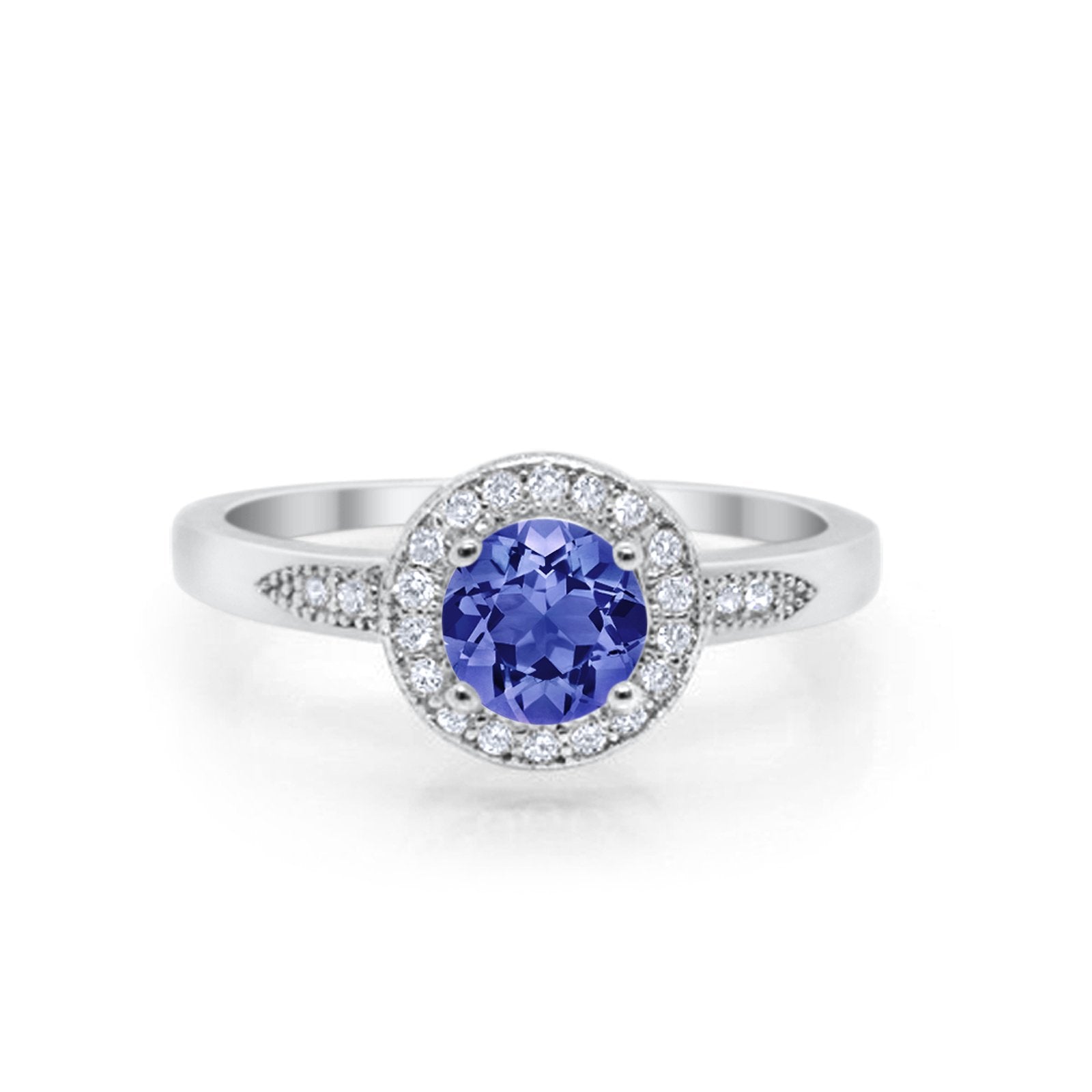 Halo Art Deco Engagement Ring Round Simulated Tanzanite CZ 925 Sterling Silver