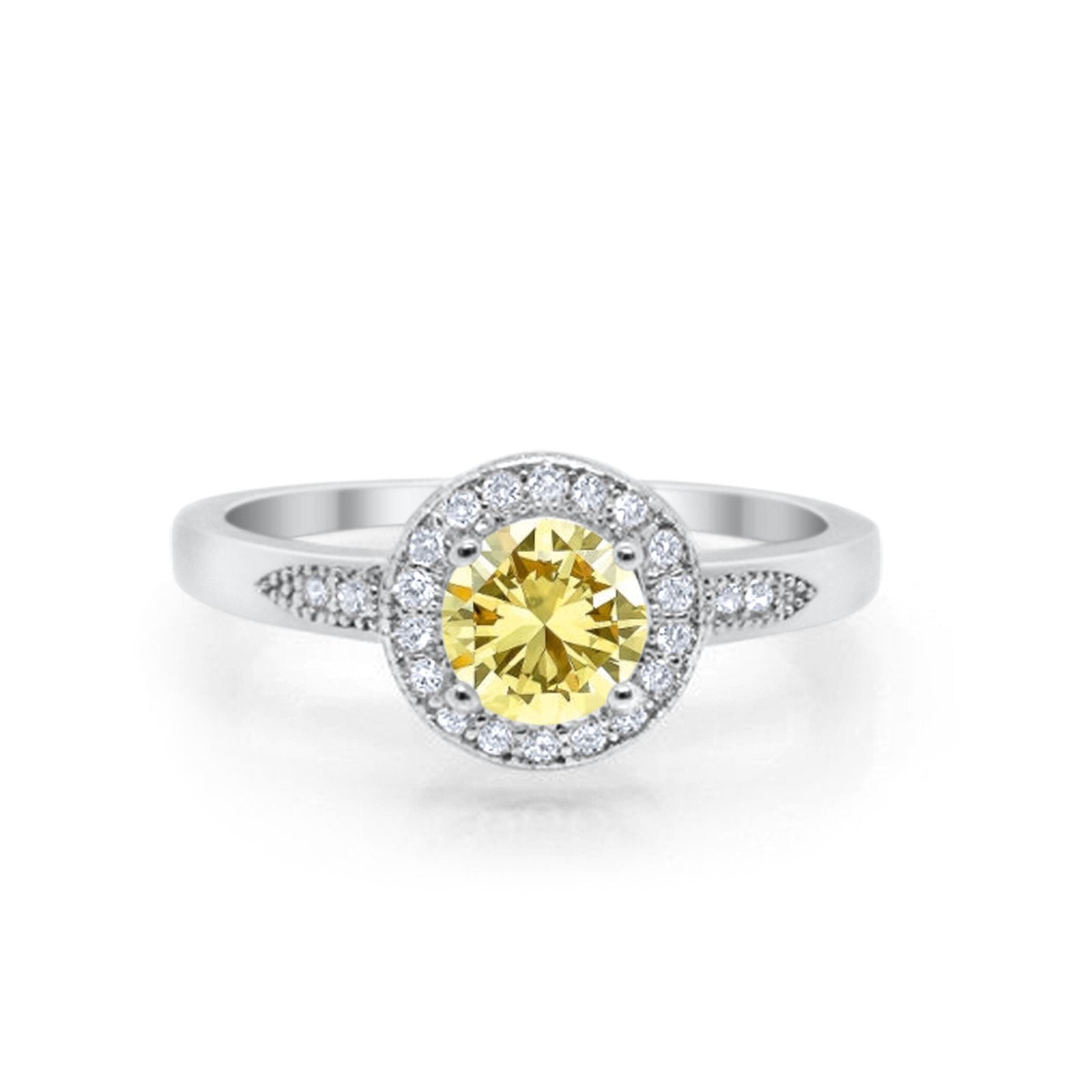 Halo Art Deco Engagement Ring Round Simulated Yellow CZ 925 Sterling Silver