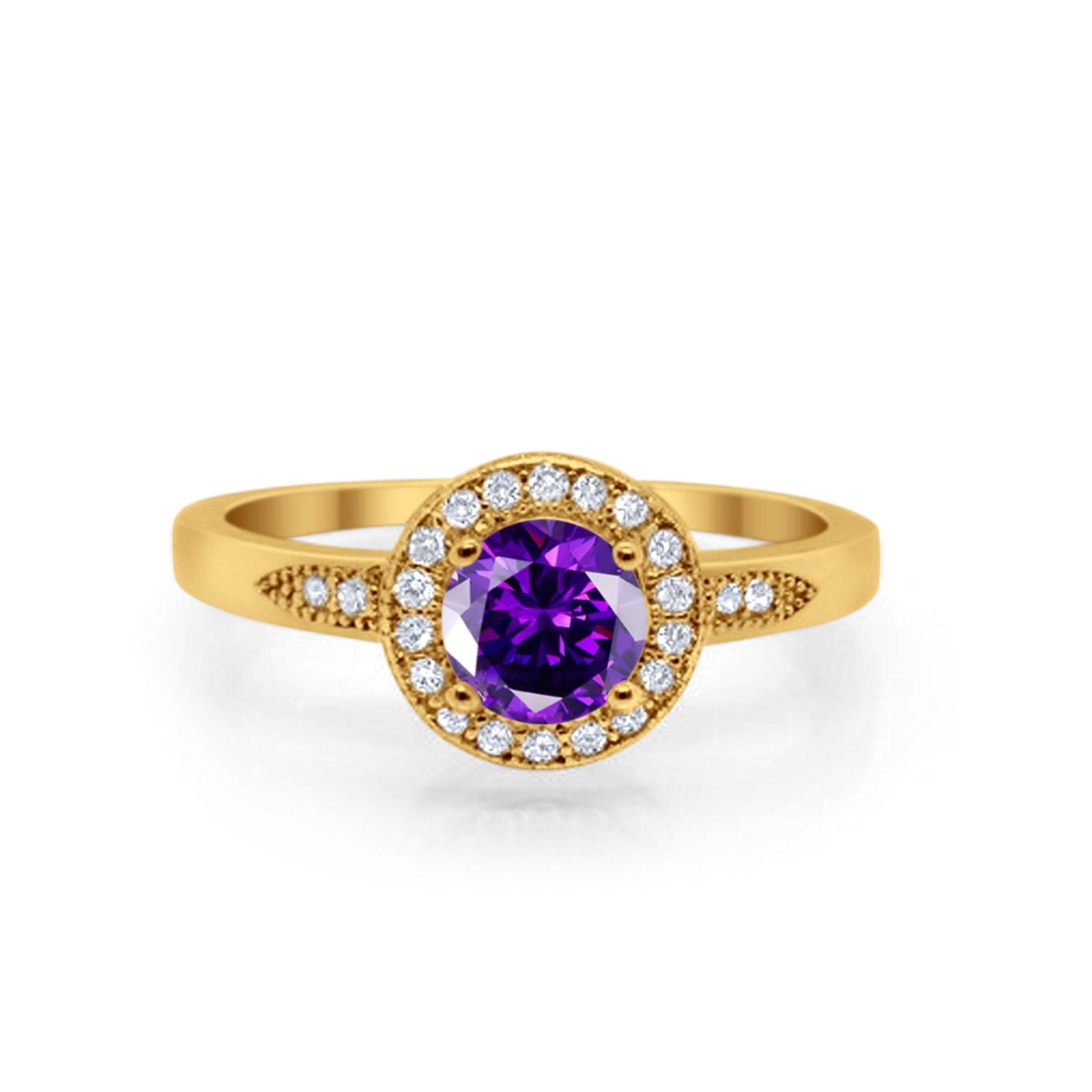 Halo Art Deco Engagement Ring Round Yellow Tone, Simulated Amethyst CZ 925 Sterling Silver