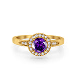 Halo Art Deco Engagement Ring Round Yellow Tone, Simulated Amethyst CZ 925 Sterling Silver