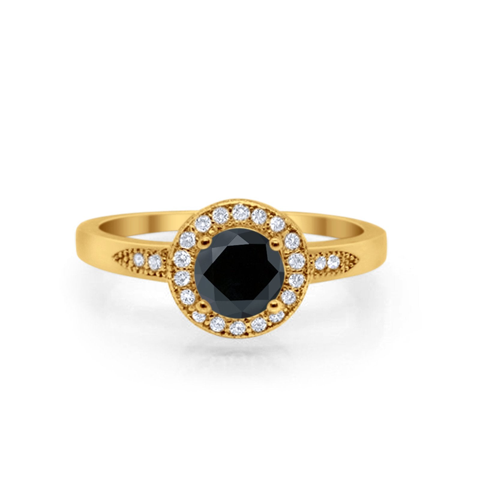 Halo Art Deco Engagement Ring Round Yellow Tone, Simulated Black CZ 925 Sterling Silver
