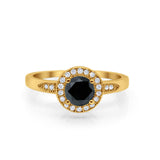 Halo Art Deco Engagement Ring Round Yellow Tone, Simulated Black CZ 925 Sterling Silver