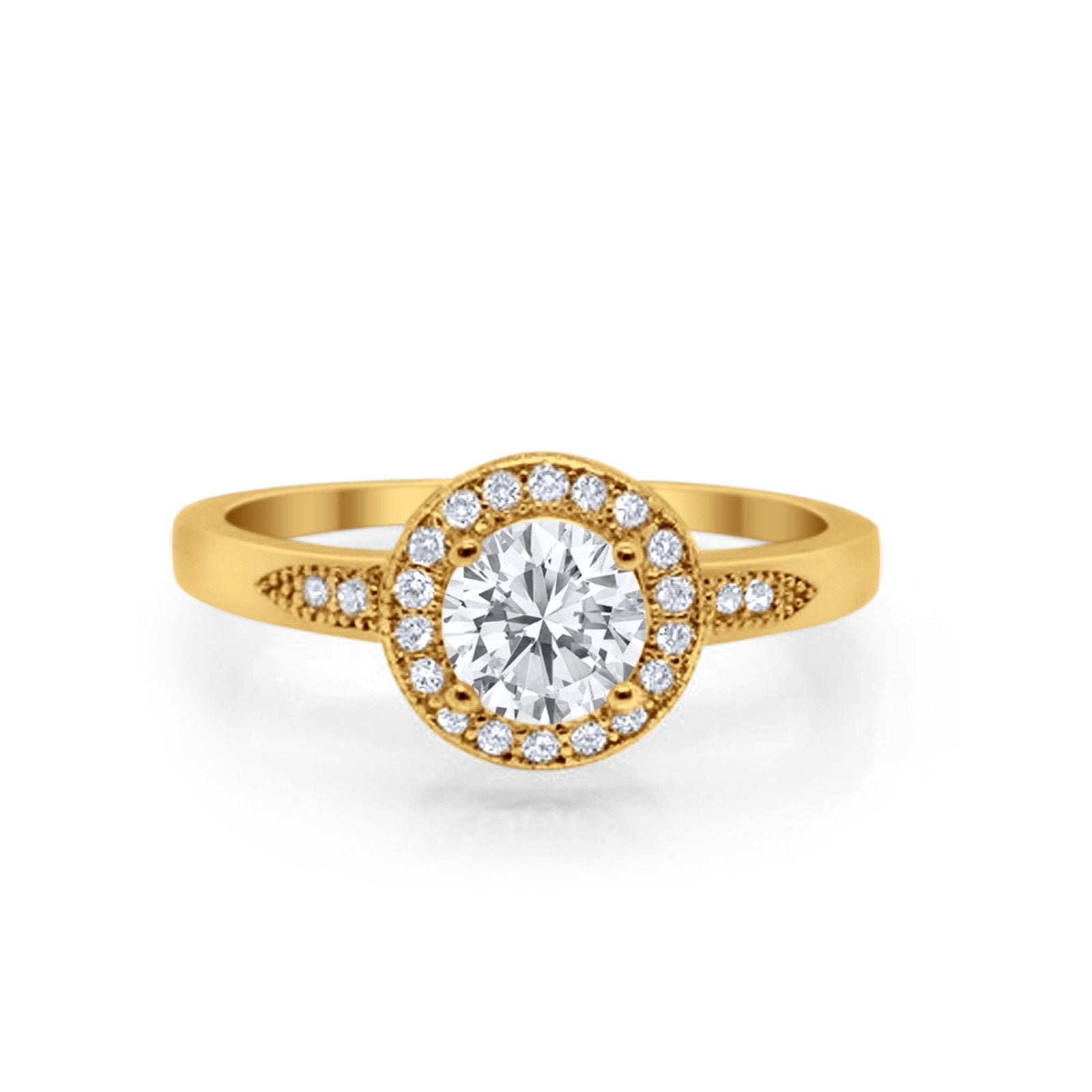 Halo Art Deco Engagement Ring Round Yellow Tone, Simulated Cubic Zirconia 925 Sterling Silver