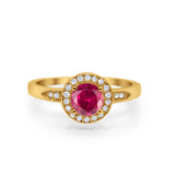 Halo Art Deco Engagement Ring Round Yellow Tone, Simulated Ruby CZ 925 Sterling Silver