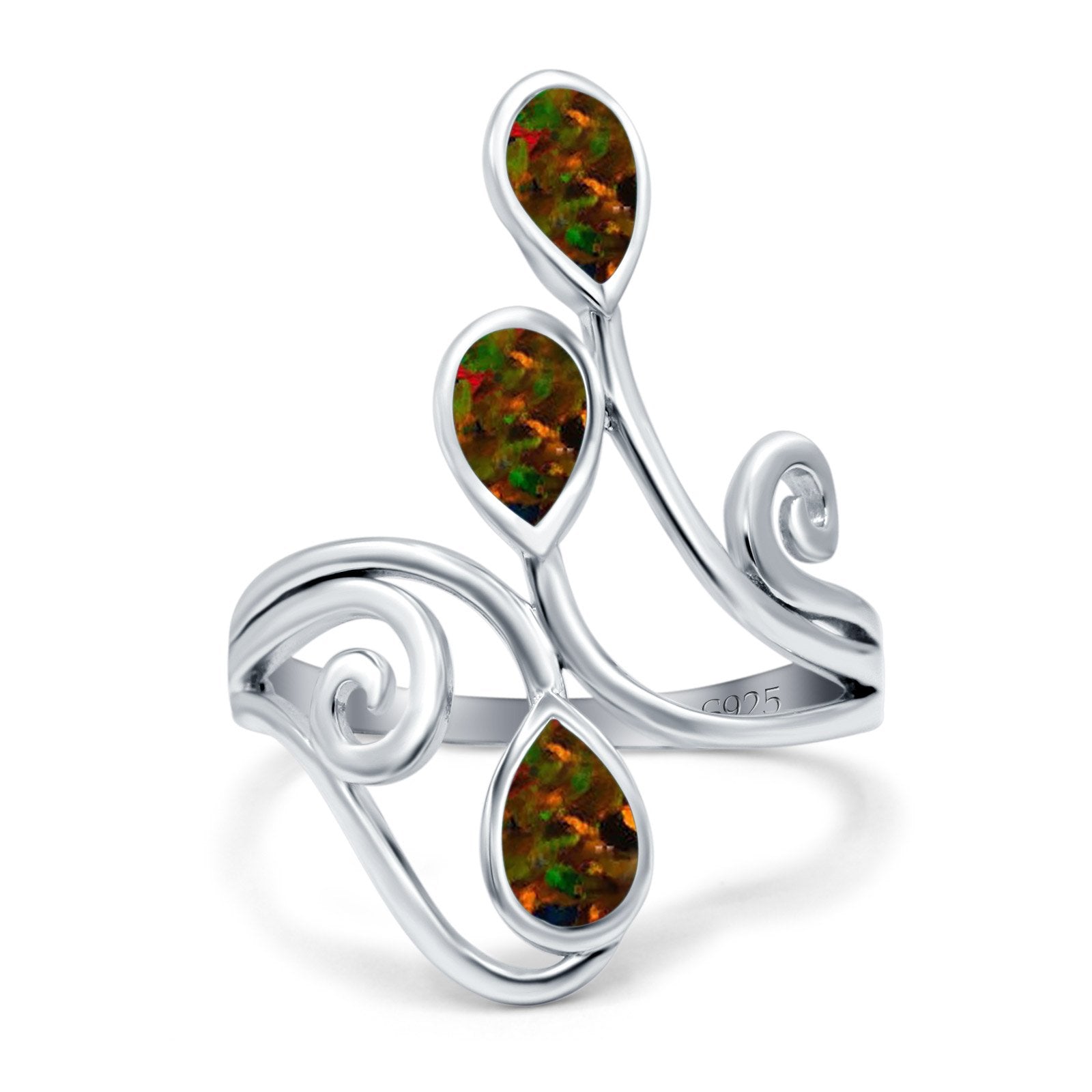 Fashion Teardrop Pear Swirl Spiral Ring Lab Created Black Opal 925 Sterling Silver