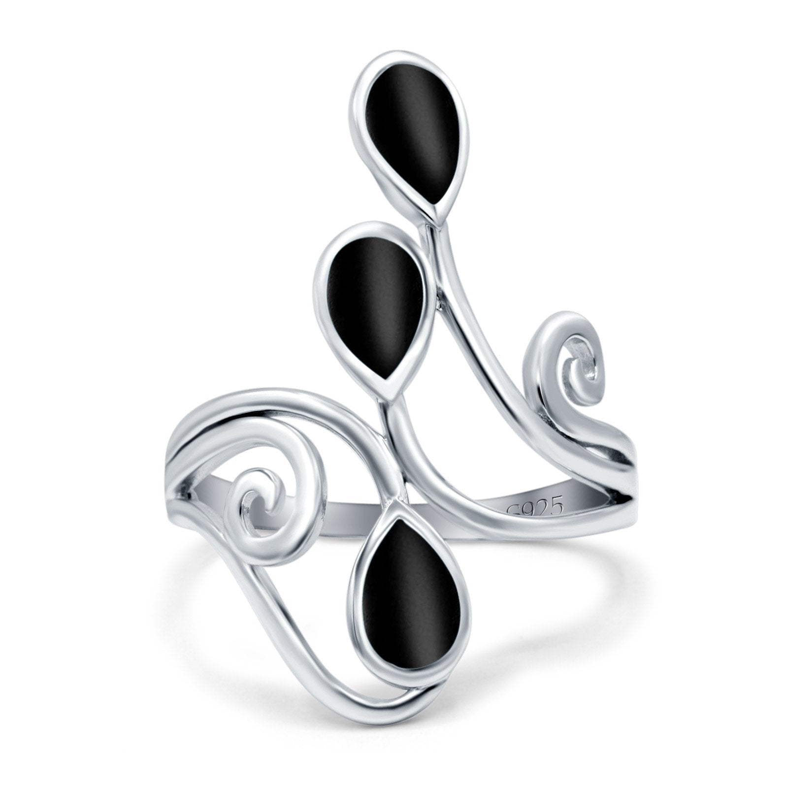 Fashion Teardrop Pear Swirl Spiral Ring Simulated Black Onyx 925 Sterling Silver