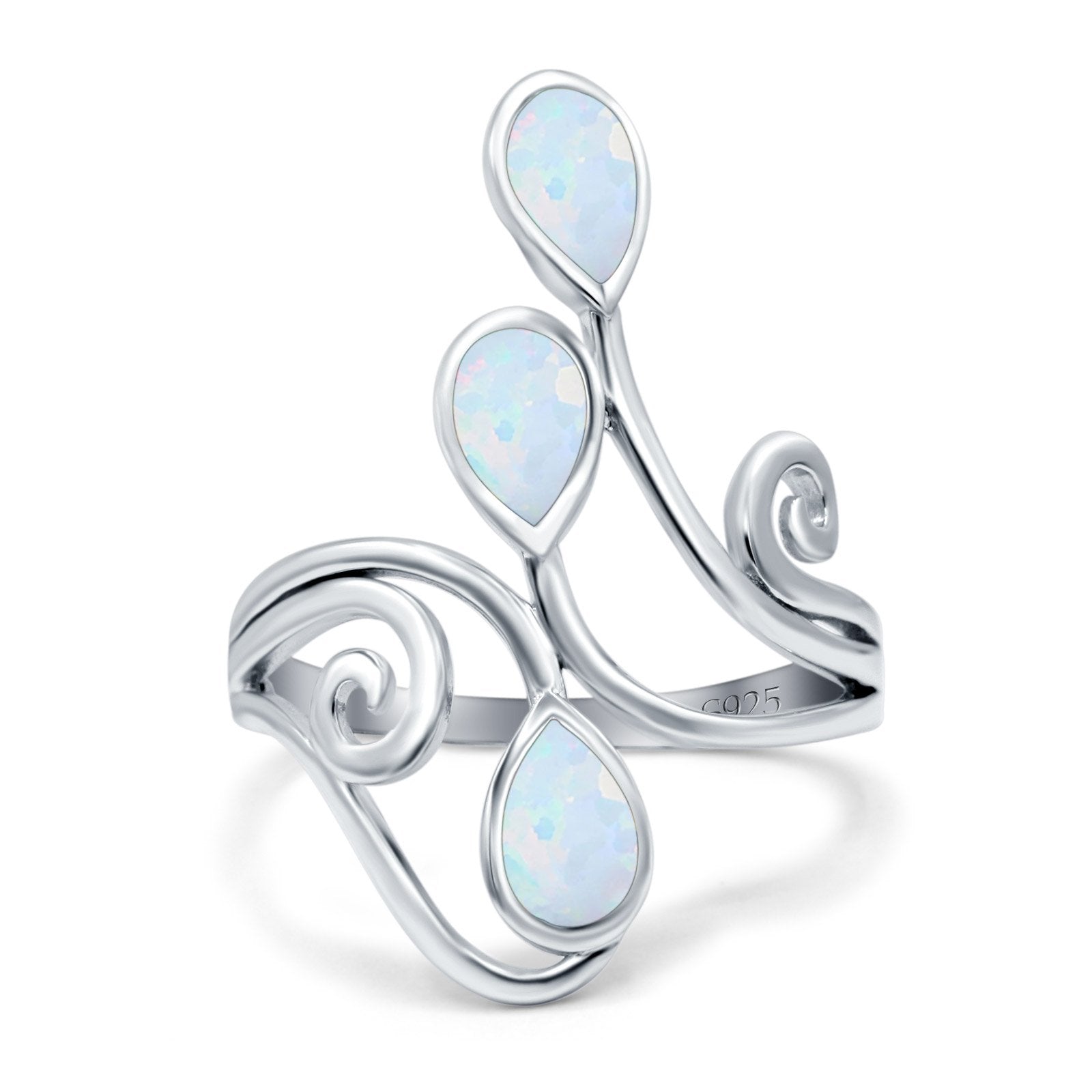Fashion Teardrop Pear Swirl Spiral Ring Lab Created White Opal 925 Sterling Silver