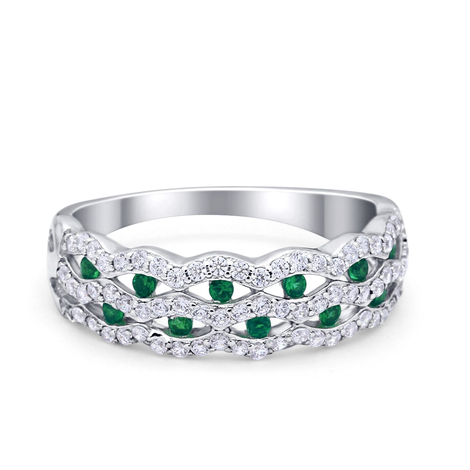Half Eternity Wedding Ring Round Simulated Green Emerald CZ 925 Sterling Silver