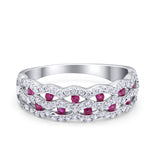 Half Eternity Wedding Ring Round Simulated Ruby CZ 925 Sterling Silver
