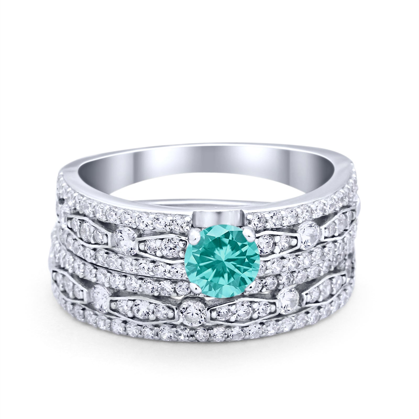 Art Deco Two Piece Bridal Set Wedding Ring Band Round Simulated Paraiba Tourmaline CZ 925 Sterling Silver