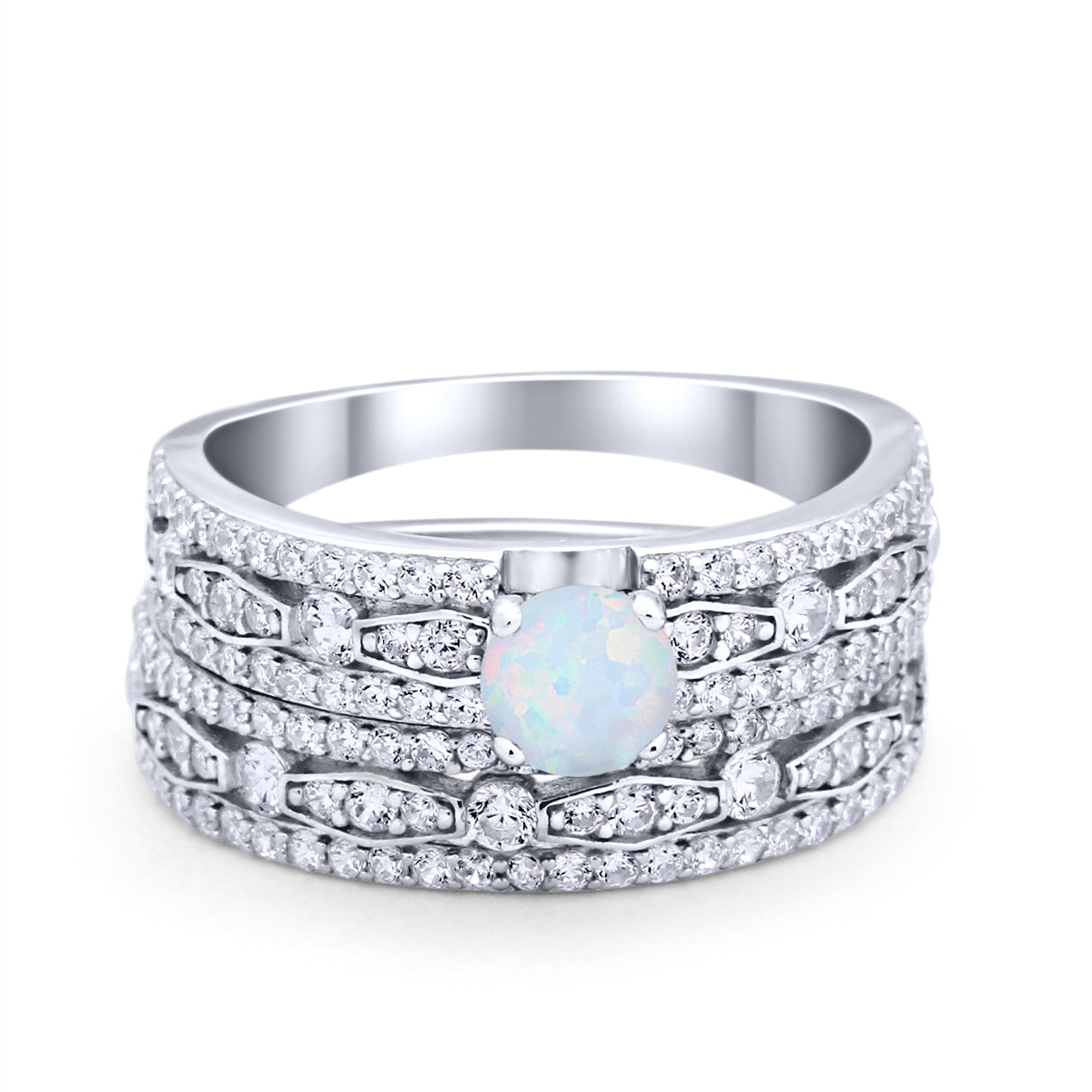 Art Deco Two Piece Bridal Set Wedding Ring Band Round Lab Created White Opal 925 Sterling Silver