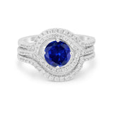 Three Piece Ring Band Round Simulated Blue Sapphire CZ 925 Sterling Silver