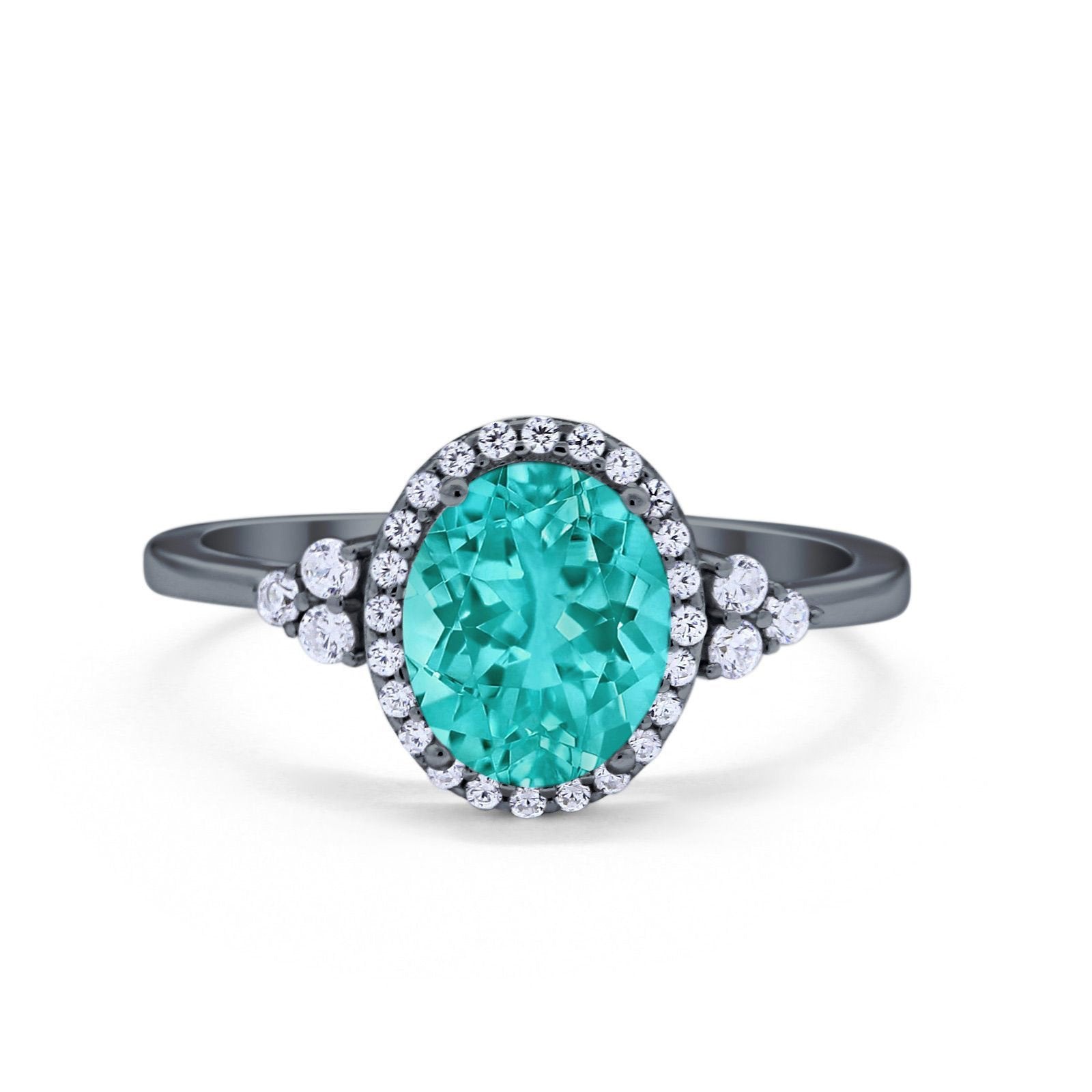 Halo Art Deco Oval Engagement Ring Black Tone, Simulated Paraiba Tourmaline CZ 925 Sterling Silver
