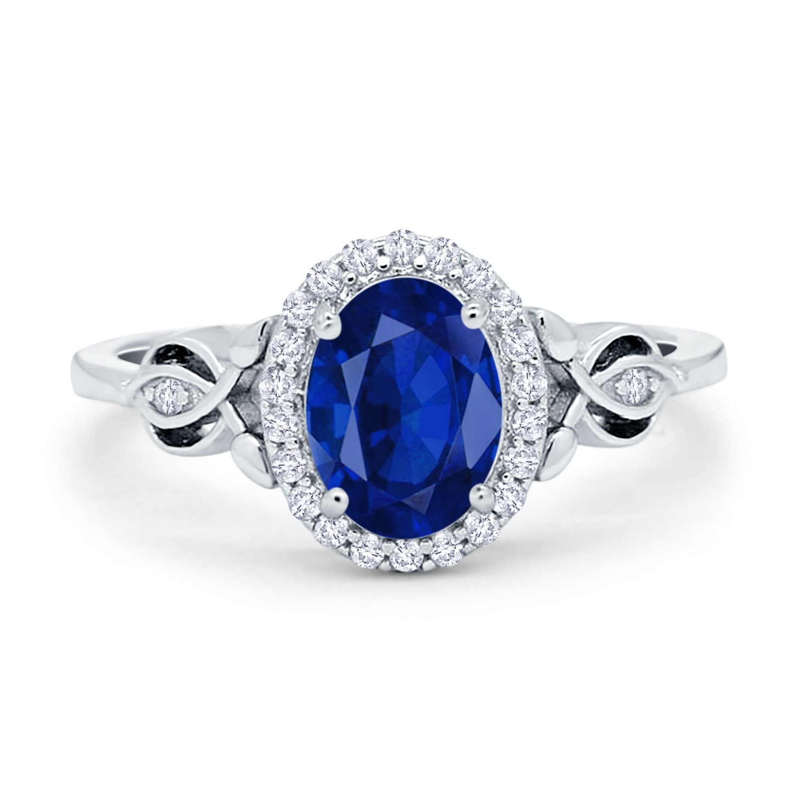 Oval Engagement Ring Halo Simulated Blue Sapphire CZ 925 Sterling Silver