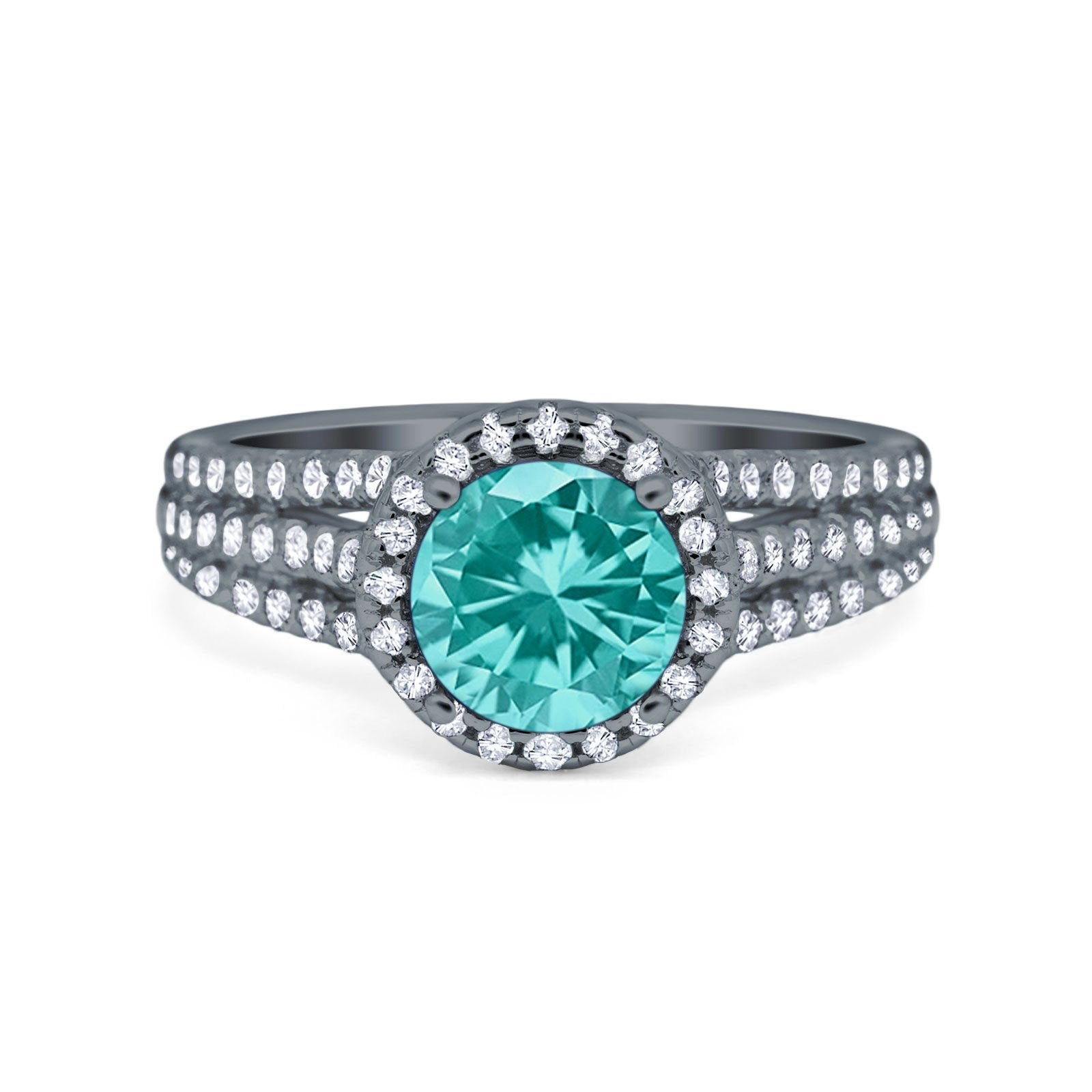 Halo Engagement Ring Accent Dazzling Black Tone, Simulated Paraiba Tourmaline CZ 925 Sterling Silver