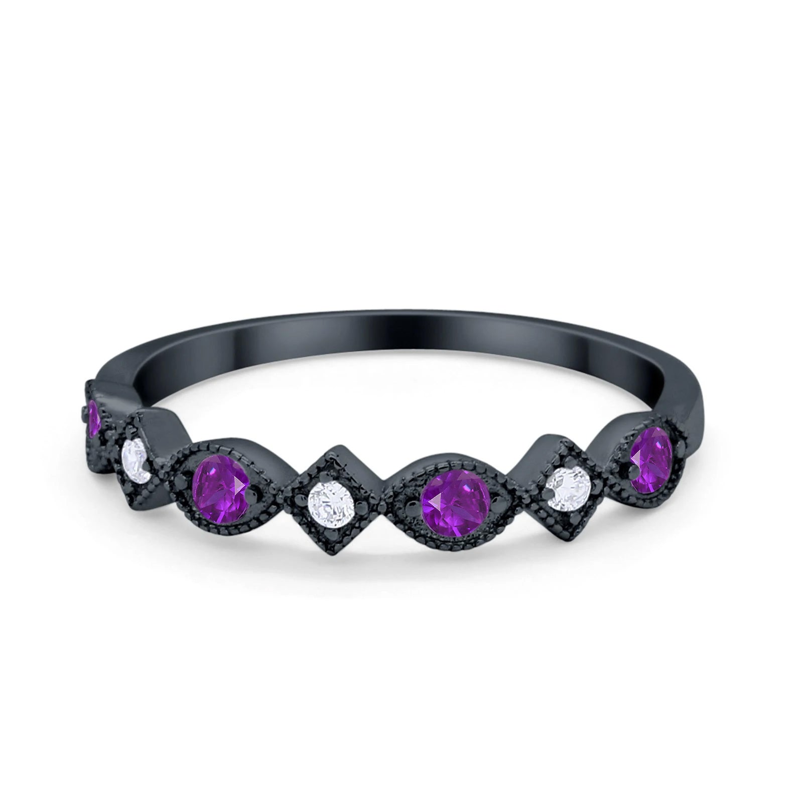 Art Deco Stacking Half Eternity Wedding Ring Black Tone, Simulated Amethyst CZ 925 Sterling Silver