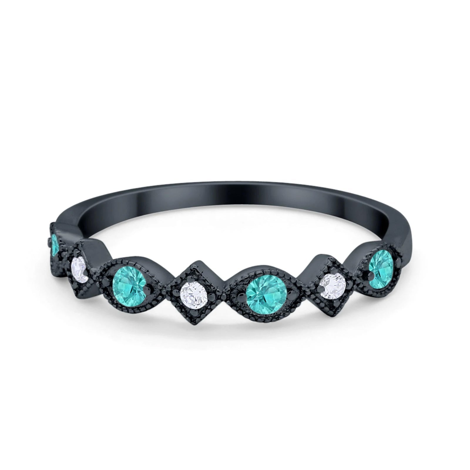 Art Deco Stacking Half Eternity Wedding Ring Black Tone, Simulated Paraiba Tourmaline CZ 925 Sterling Silver