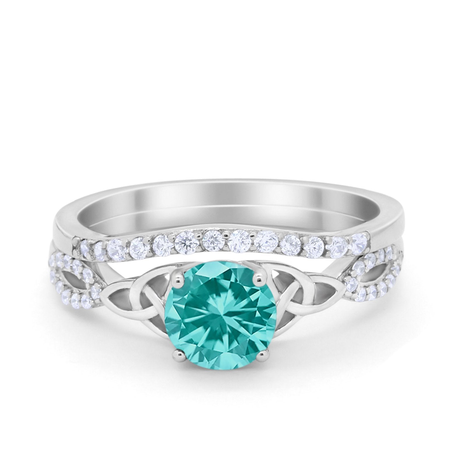 Celtic Wedding Ring Band Simulated Paraiba Tourmaline CZ 925 Sterling Silver
