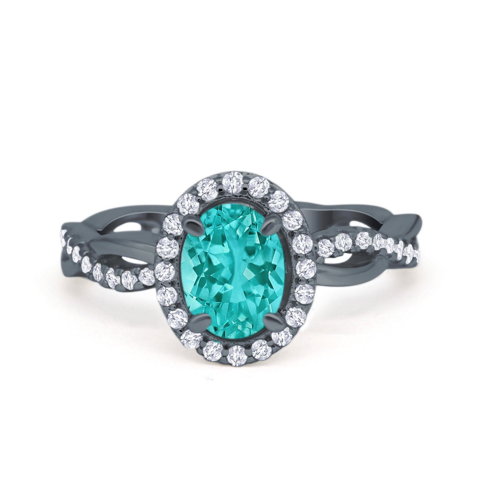 Halo Infinity Shank Engagement Ring Black Tone, Simulated Paraiba Tourmaline CZ 925 Sterling Silver