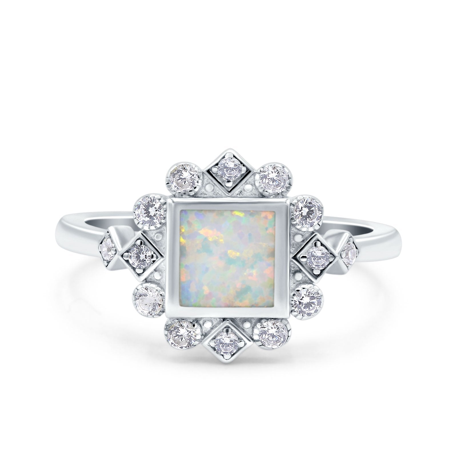 Halo Princess Wedding Engagement Ring Lab Created White Opal 925 Sterling Silver