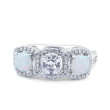 Halo Cushion Art Deco Three Stone Wedding Ring Simulated Cubic Zirconia 925 Sterling Silver