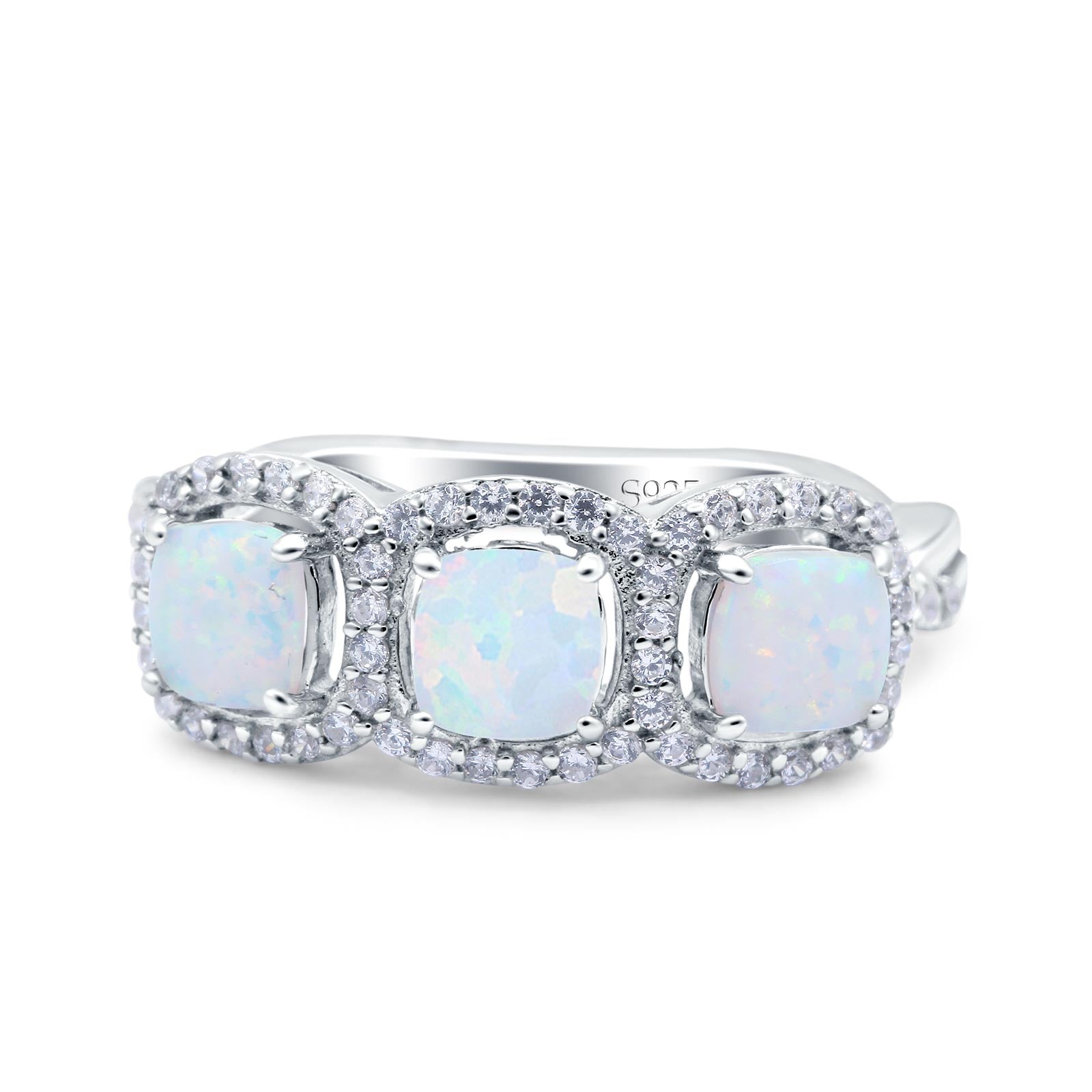 Halo Cushion Art Deco Three Stone Wedding Bridal Ring Lab Created White Opal 925 Sterling Silver